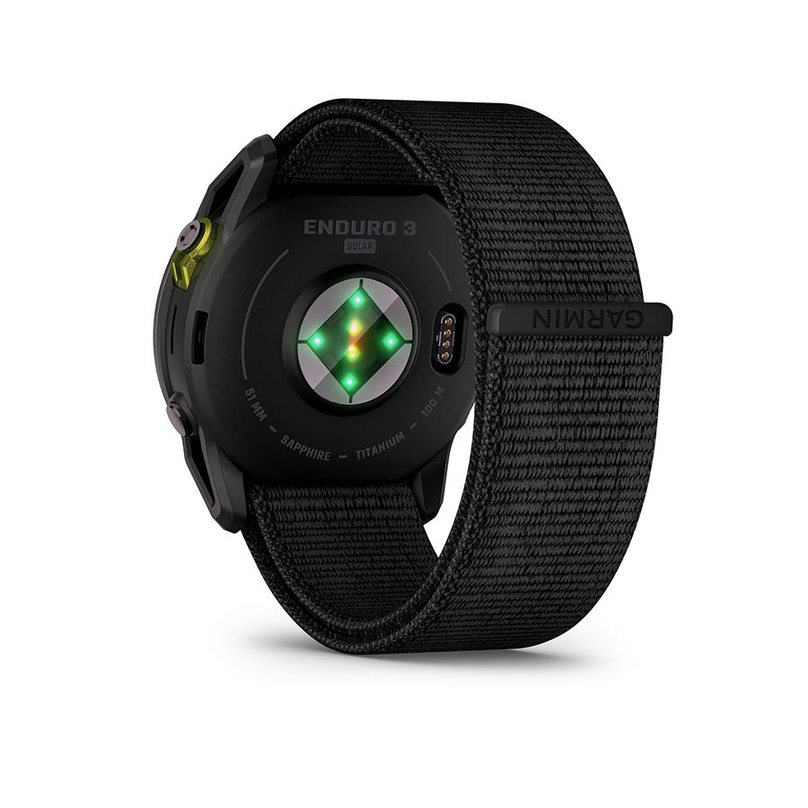 Garmin Enduro 3 watch with black silicone wristband, digital display, and rugged design for outdoor activities.