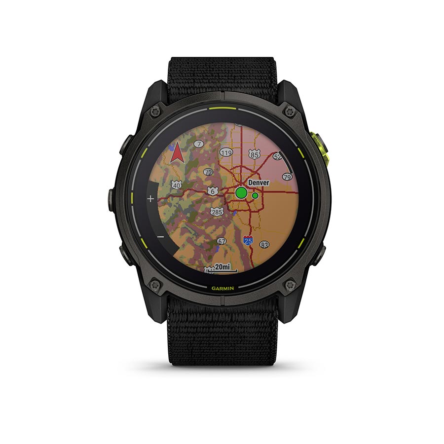 Garmin Enduro 3 watch with black silicone wristband, digital display, and rugged design for outdoor activities.