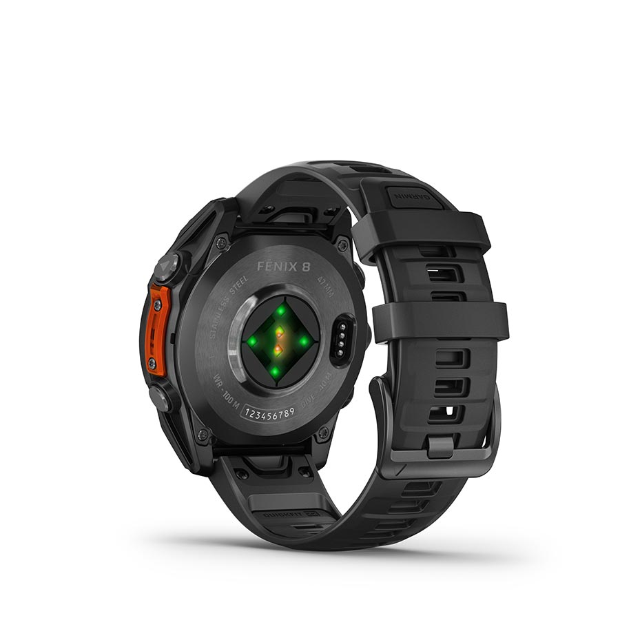Garmin Fenix 8 AMOLED 47mm watch with slate grey case and black silicone wristband, showcasing its sleek smartwatch design.