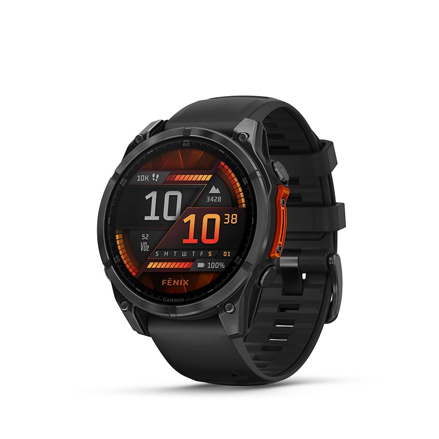 Garmin Fenix 8 AMOLED 47mm smartwatch with slate grey case and black silicone wristband, displaying digital watch face.