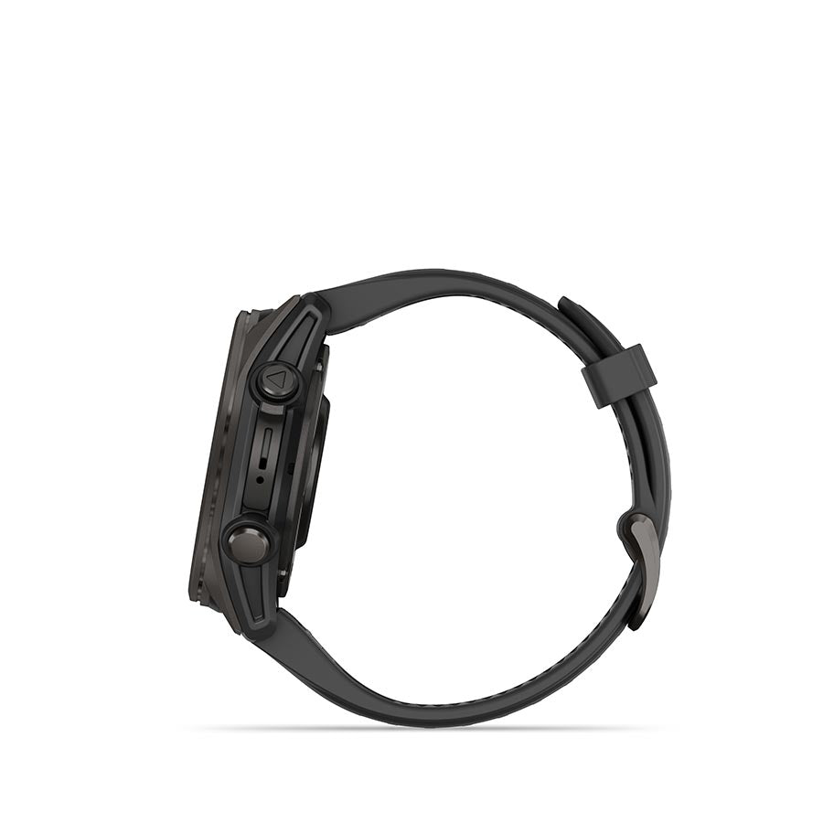 Garmin Fenix 8 AMOLED Sapphire 43mm smartwatch with grey silicone wristband and black pebble-gray bezel on a user's wrist