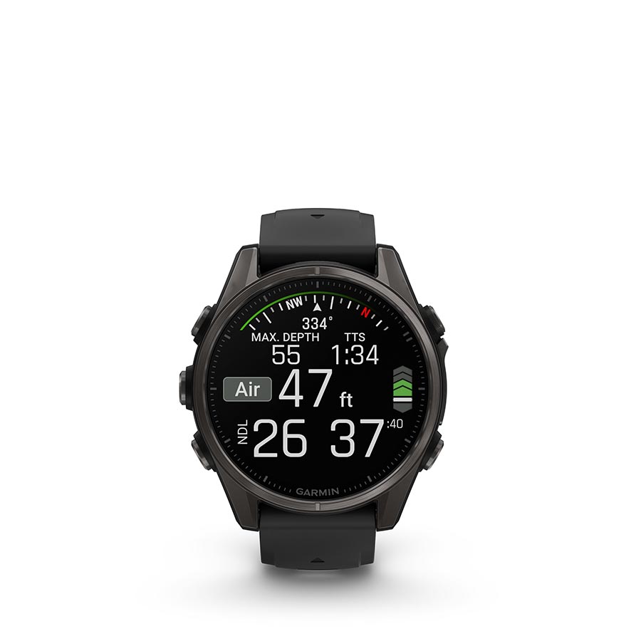 Garmin Fenix 8 AMOLED Sapphire 43mm smartwatch with black pebble-gray silicone band on a wrist, displaying a detailed watch face.