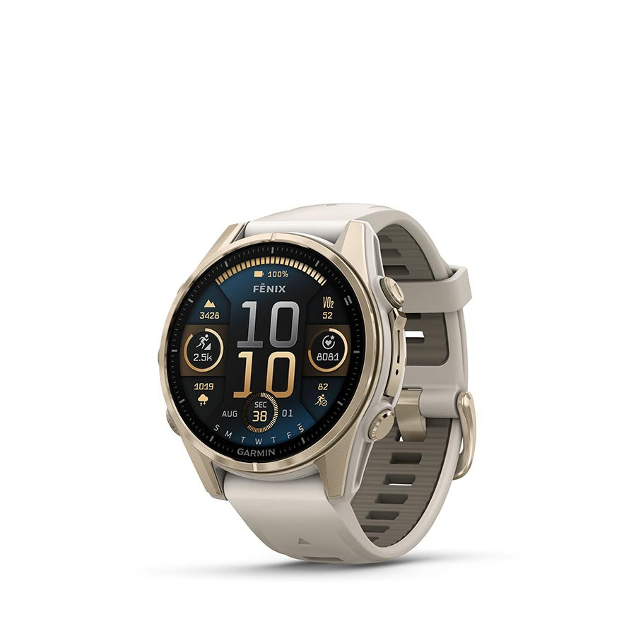 Garmin Fenix 8 AMOLED Sapphire 43mm smartwatch with a black Pebble Gray silicone band on a wrist.