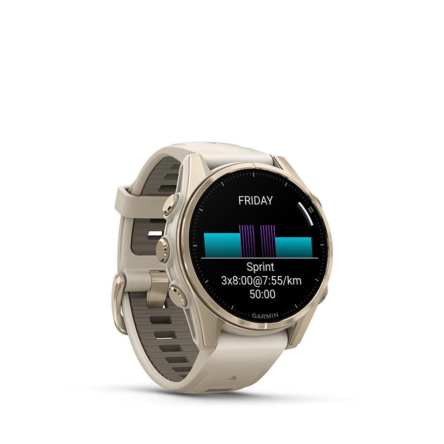 Garmin Fenix 8 AMOLED Sapphire 43mm smartwatch with black pebble gray silicone band on a person's wrist.