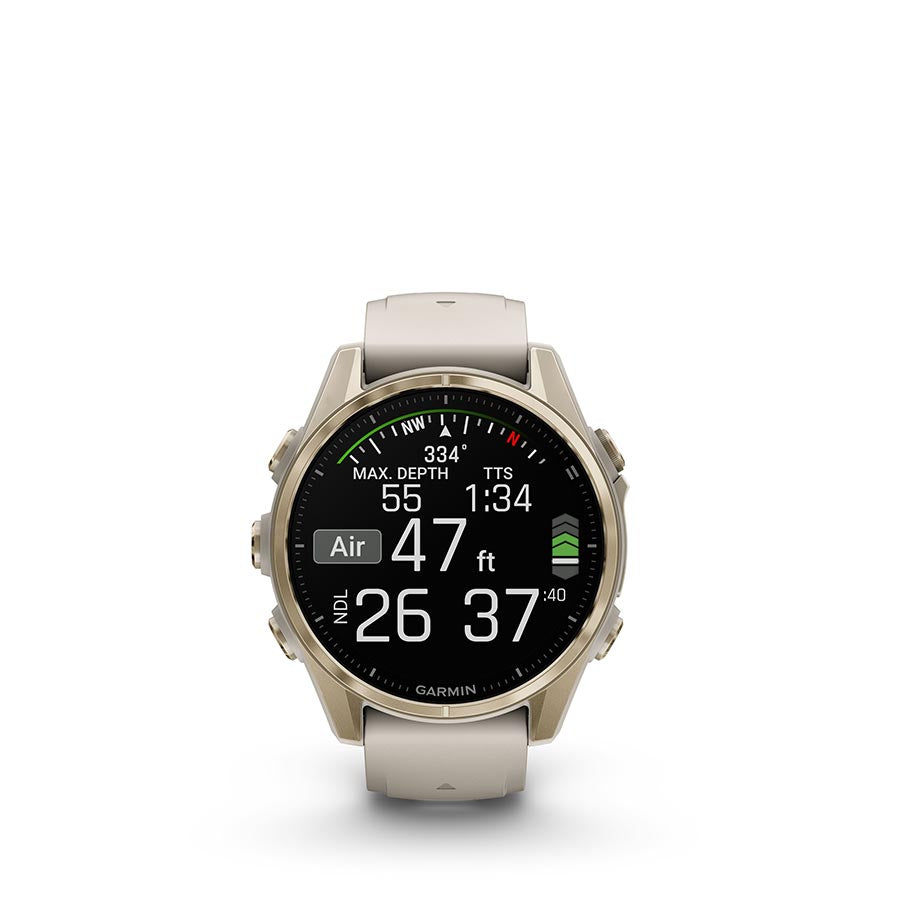 Garmin Fenix 8 AMOLED Sapphire 43mm smartwatch with a black pebble gray silicone wristband on a wrist.
