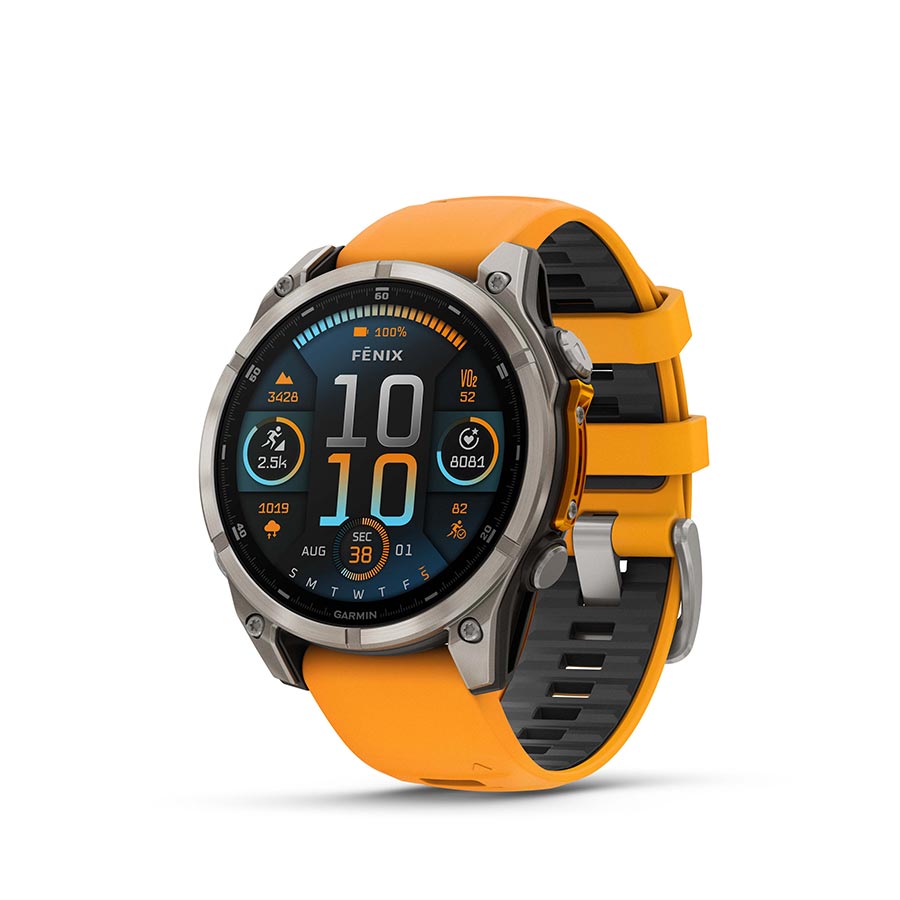Garmin Fenix 8 AMOLED Sapphire 47mm watch with grey silicone wristband on a person's wrist, featuring a black pebble-gray watch face.