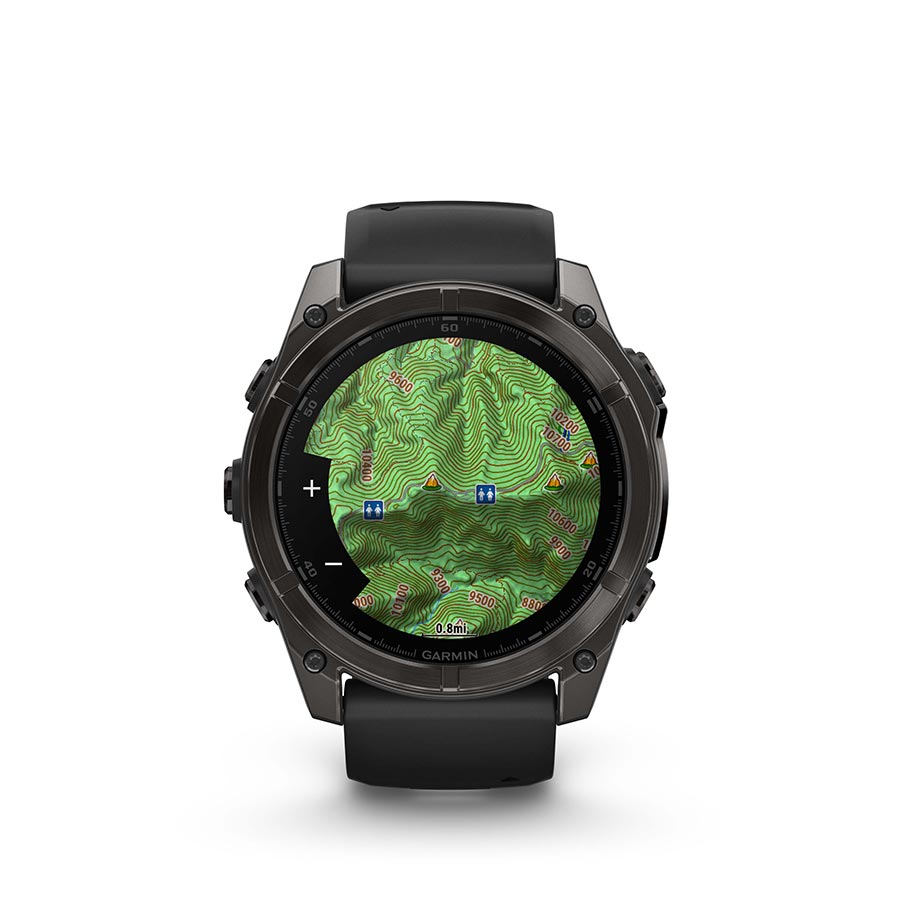 Garmin Fenix 8 AMOLED Sapphire 51mm smartwatch with grey silicone wristband, black bezel, and pebble gray watch face.
