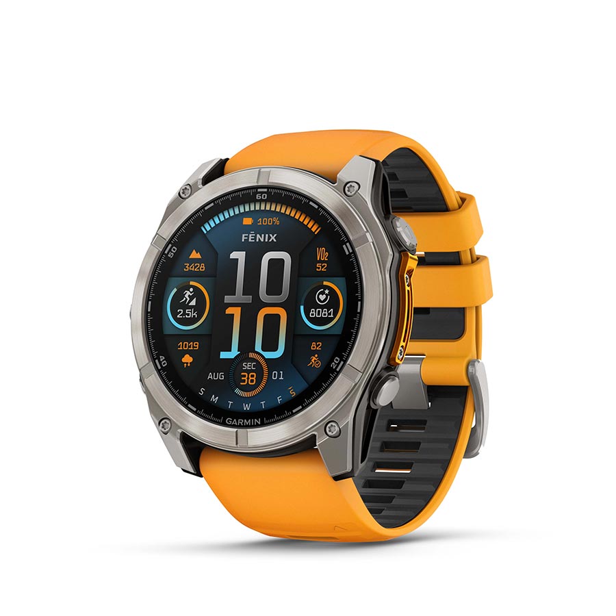 Garmin Fenix 8 AMOLED Sapphire 51mm watch with grey silicone strap on a grey Pebble Gray wristband, digital display and black bezel.