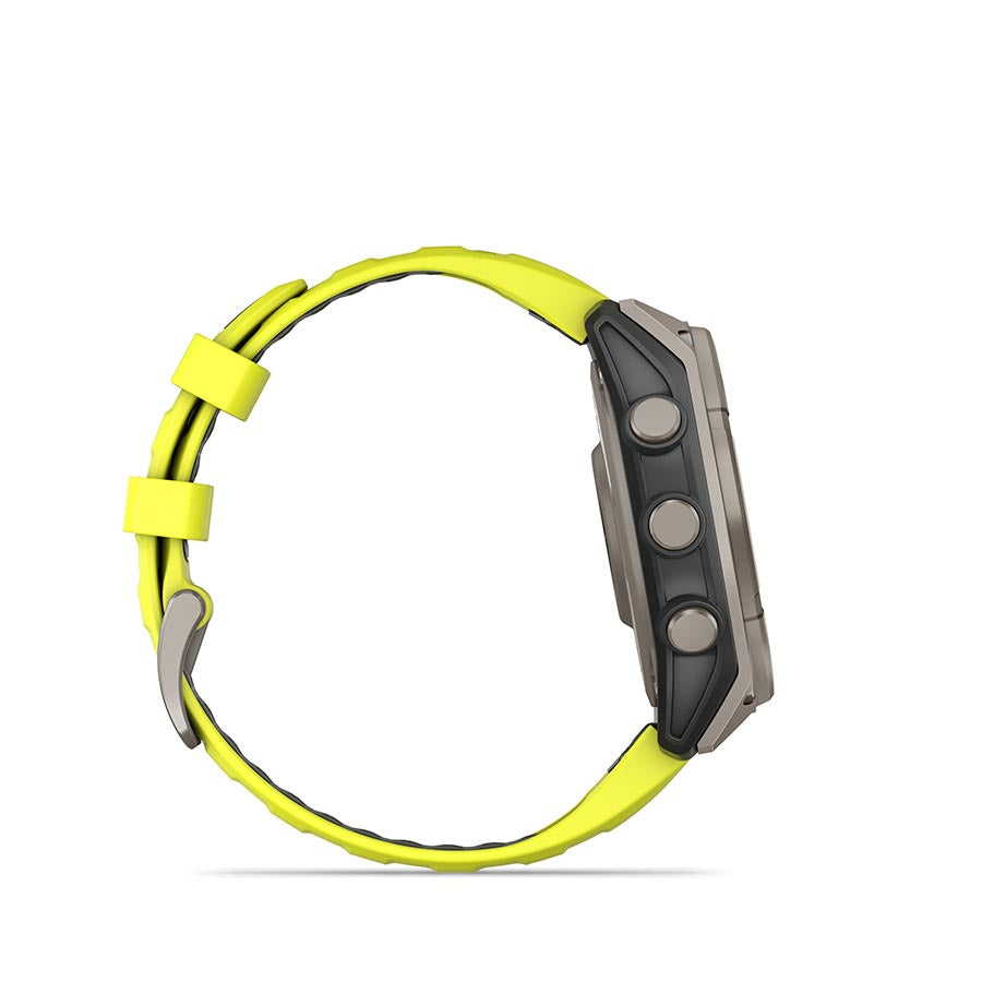 Garmin Fenix 8 Solar Sapphire 47mm watch with titanium wristband and yellow accents, featuring a dark graphite silicone strap.