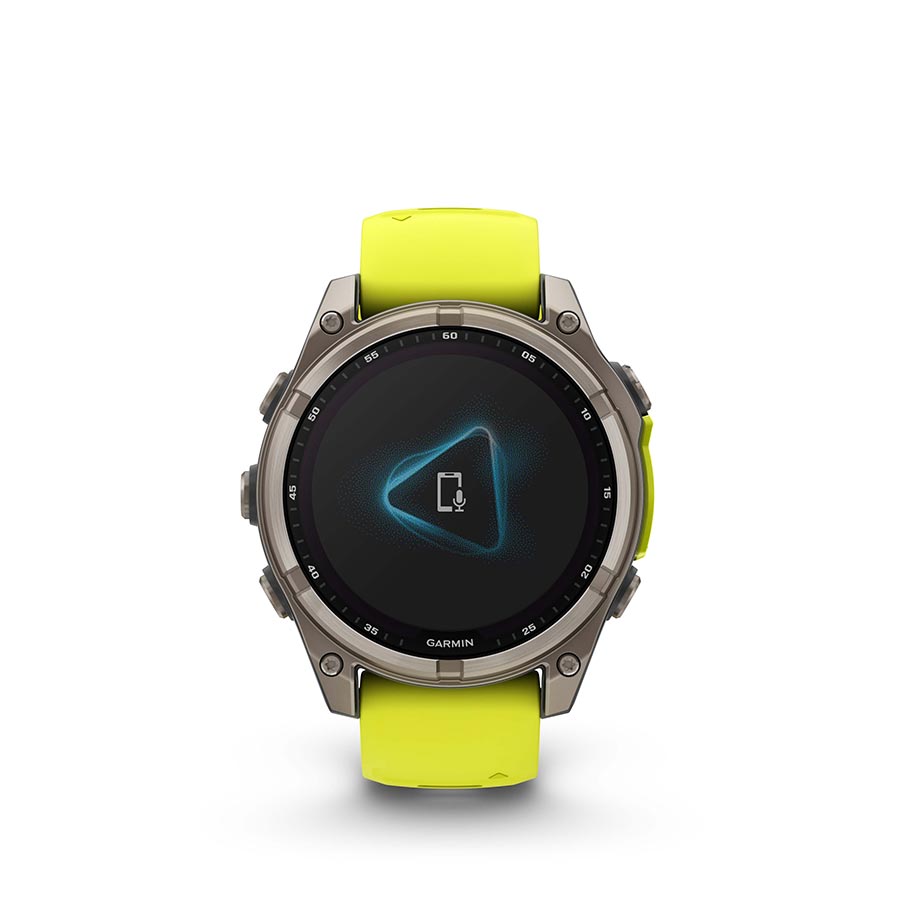 Garmin Fenix 8 Solar Sapphire 47mm smartwatch with titanium wristband and yellow silicone strap, graphite accents.