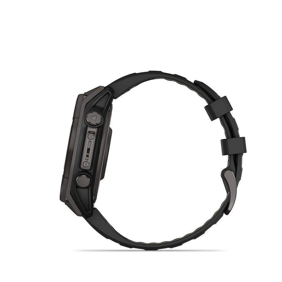 Garmin Fenix 8 Solar Sapphire 47mm watch with titanium wristband and yellow silicone strap, graphite accents visible on display.