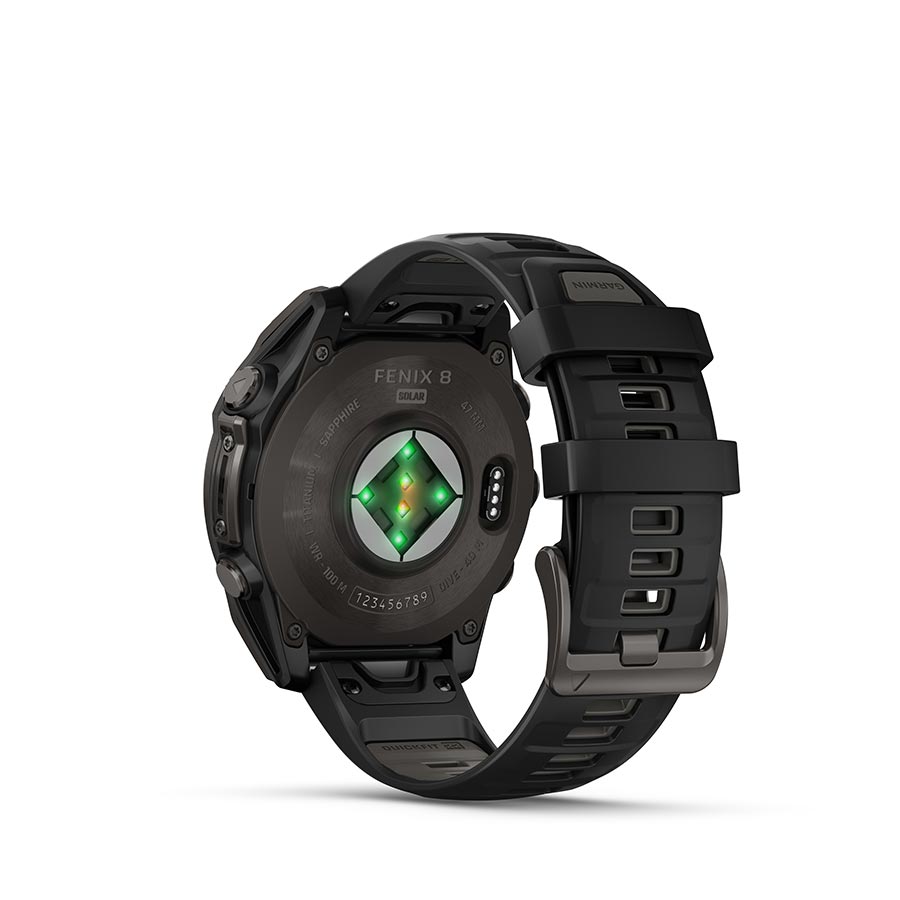 Garmin Fenix 8 Solar Sapphire 47mm watch with titanium wristband and yellow silicone strap, graphite dial.