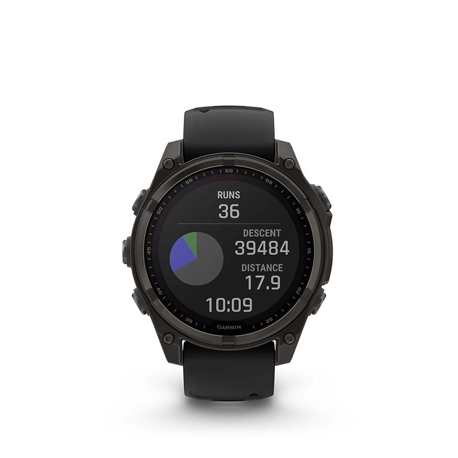 Garmin Fenix 8 Solar Sapphire 47mm watch with titanium wristband and yellow accents, displayed on a wrist.