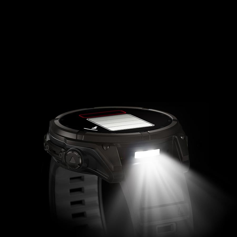 Garmin Fenix 8 Solar Sapphire 47mm watch with titanium wristband, yellow accents, and graphite silicone strap.