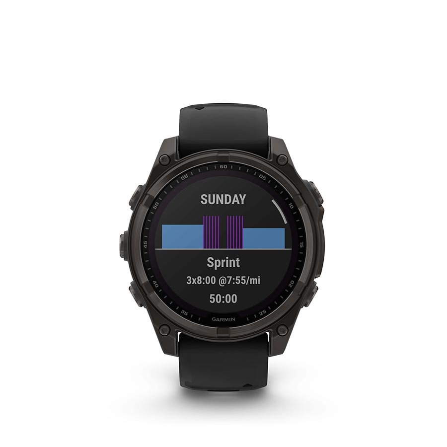 Garmin Fenix 8 Solar Sapphire 47mm smartwatch with titanium wristband and yellow graphite silicone strap on a white background