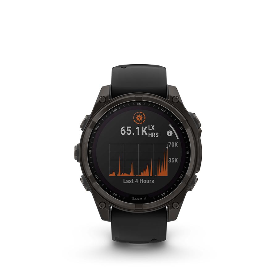 Garmin Fenix 8 Solar Sapphire 47mm watch with titanium band and yellow silicone strap, displaying a black watch face.