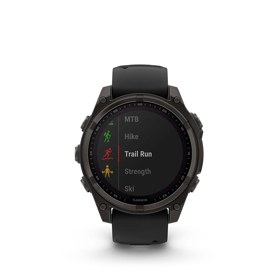 Garmin Fenix 8 Solar Sapphire 47mm watch with titanium wristband and yellow silicone strap, featuring a dark graphite face.