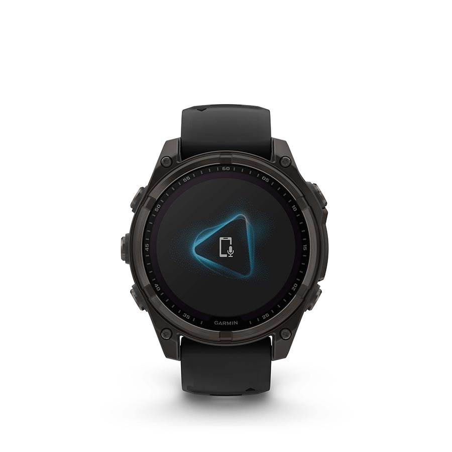 Garmin Fenix 8 Solar Sapphire 47mm watch with titanium wristband and yellow silicone strap, displayed on a wrist.