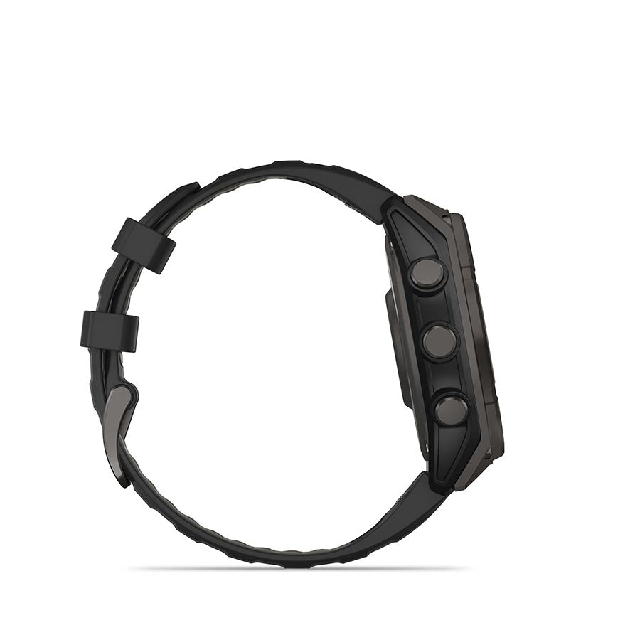 Garmin Fenix 8 Solar Sapphire 47mm watch with titanium wristband and yellow silicone strap, showing a sleek, high-tech design.