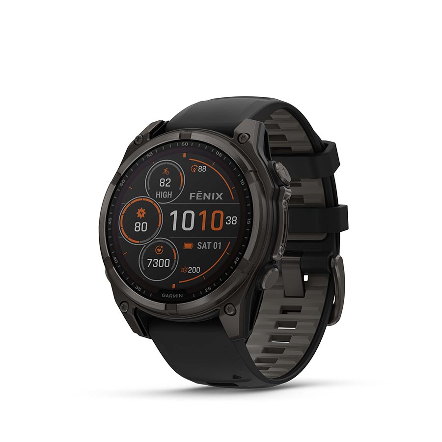 Garmin Fenix 8 Solar Sapphire 47mm watch with titanium wristband and yellow silicone strap, displayed on a wrist.