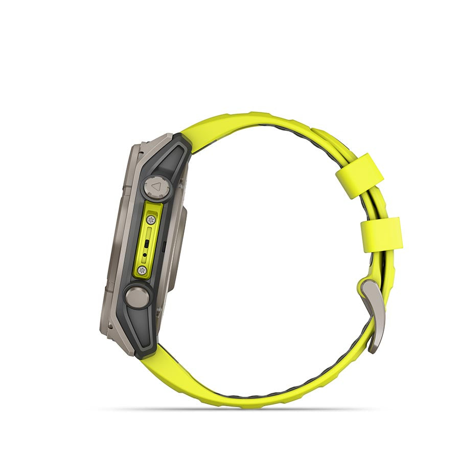 Garmin Fenix 8 Solar Sapphire 51mm watch with titanium wristband and yellow silicone strap, displaying a sleek, high-tech design.