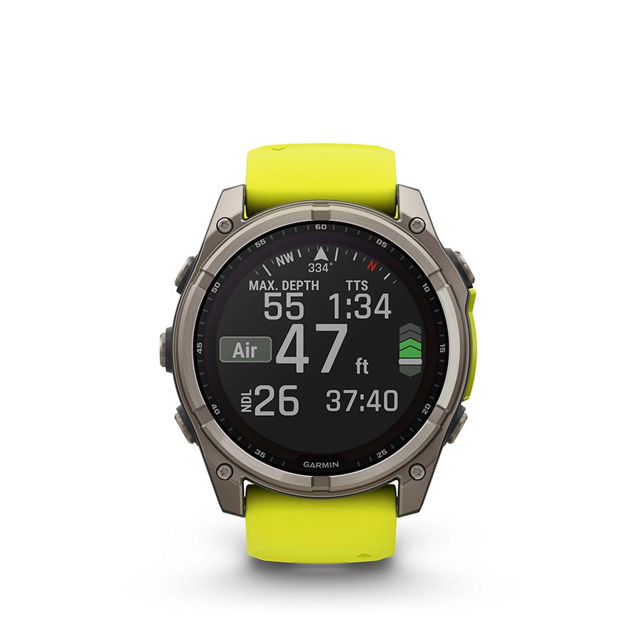 Garmin Fenix 8 Solar Sapphire 51mm smartwatch with titanium wristband and yellow silicone strap, graphite accents.