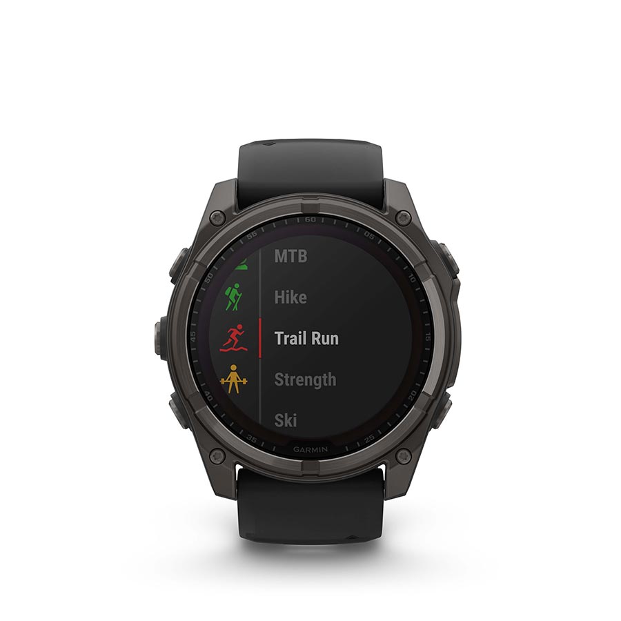 Garmin Fenix 8 Solar Sapphire 51mm watch with titanium wristband and yellow silicone strap, displaying a digital watch face.