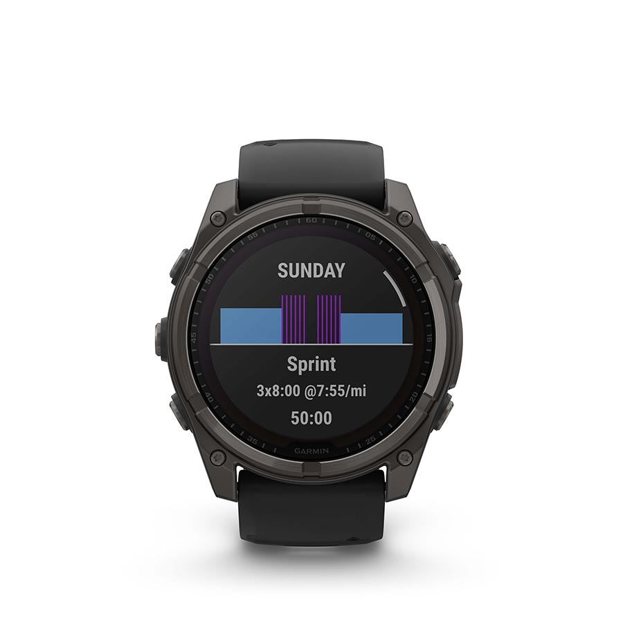Garmin Fenix 8 Solar Sapphire 51mm watch with titanium wristband and yellow silicone strap, displayed on a wrist.