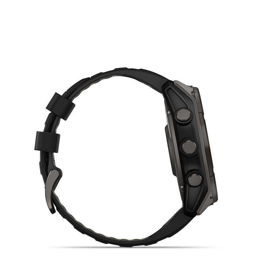 Garmin Fenix 8 Solar Sapphire 51mm watch with titanium wristband and yellow silicone strap, showing a sleek, modern design.