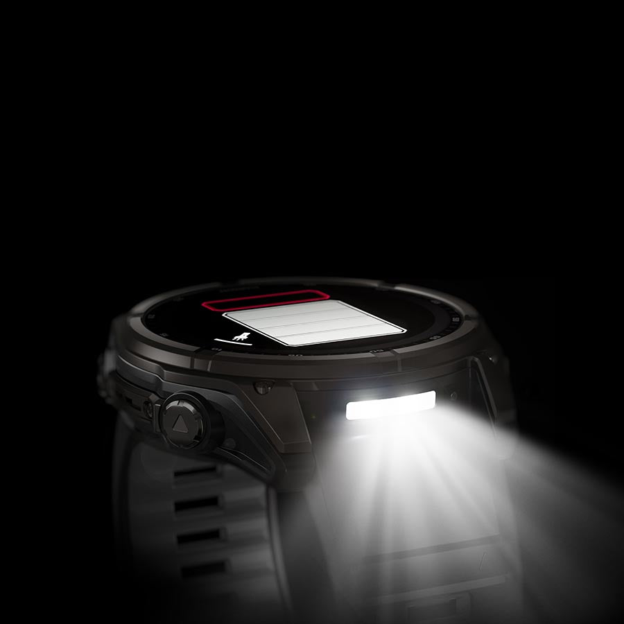 Garmin Fenix 8 Solar Sapphire 51mm watch with titanium wristband and yellow graphite silicone strap, displaying digital interface.