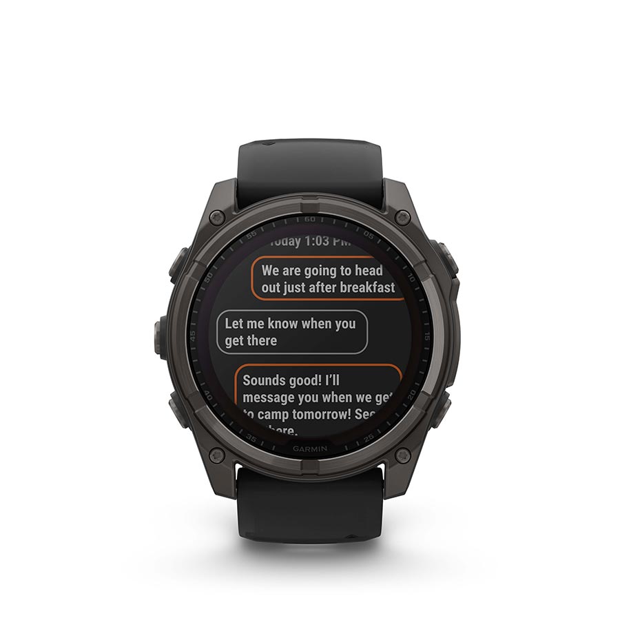 Garmin Fenix 8 Solar Sapphire 51mm watch with titanium wristband, yellow and graphite silicone straps, outdoor smartwatch.