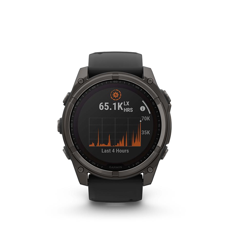 Garmin Fenix 8 Solar Sapphire 51mm watch with titanium wristband and yellow silicone strap, displayed on a wrist.