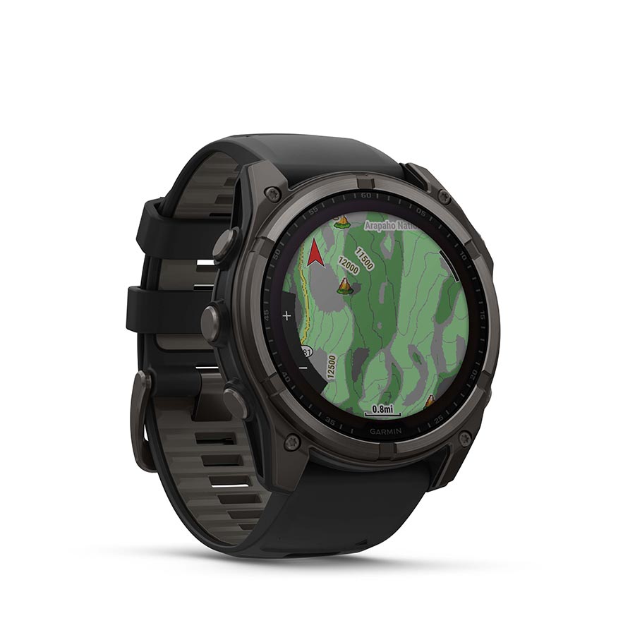 Garmin Fenix 8 Solar Sapphire 51mm watch with titanium wristband and yellow graphite silicone strap on display.