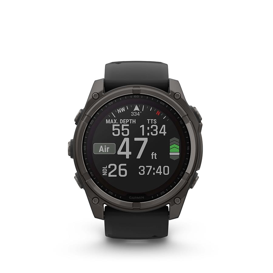 Garmin Fenix 8 Solar Sapphire 51mm watch with titanium wristband and yellow accents, featuring a graphite silicone strap.
