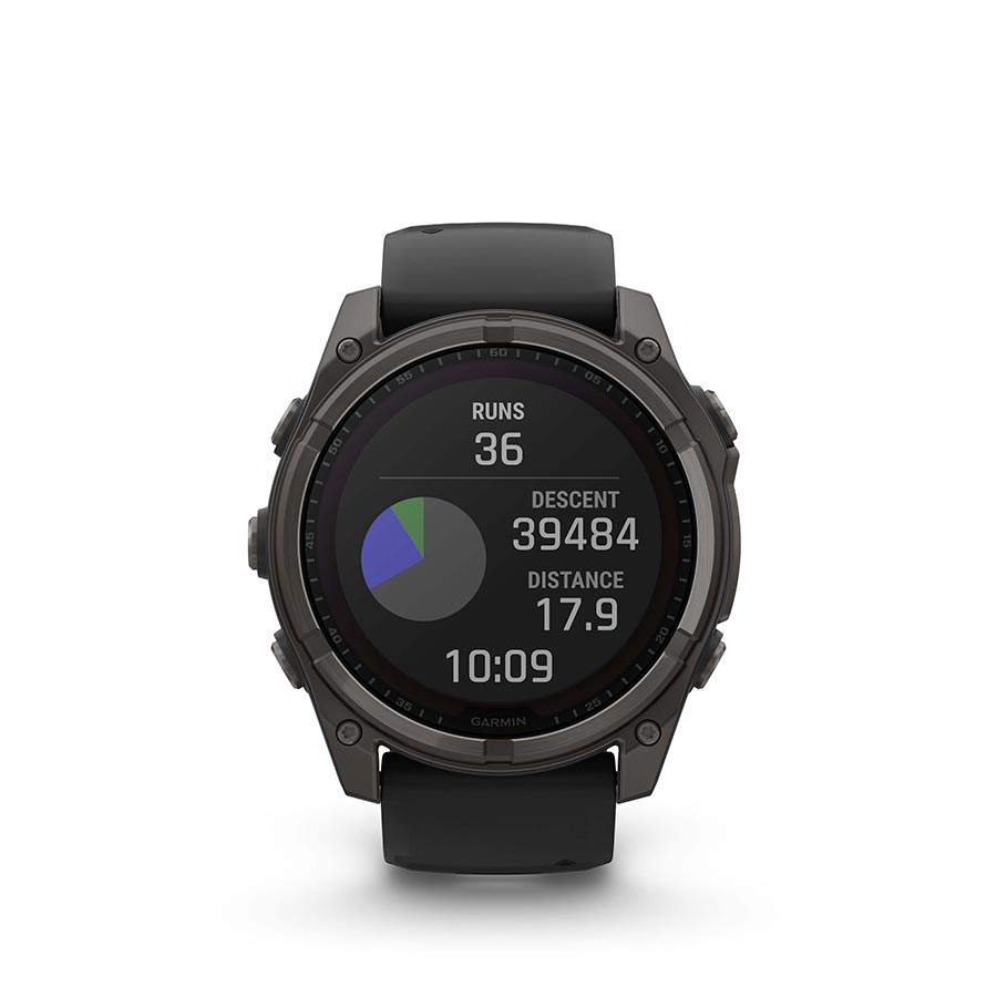 Garmin Fenix 8 Solar Sapphire 51mm watch with titanium wristband and yellow silicone strap, black graphite dial.