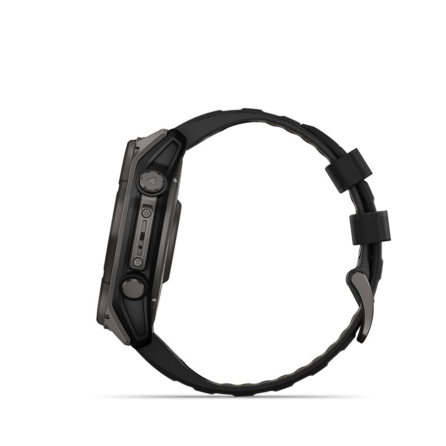 Garmin Fenix 8 Solar Sapphire 51mm watch with titanium wristband and yellow silicone strap, displaying a sleek, modern design.
