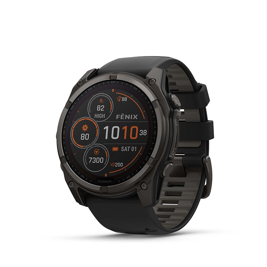 Garmin Fenix 8 Solar Sapphire 51mm watch with titanium wristband and yellow silicone strap, black graphite face.