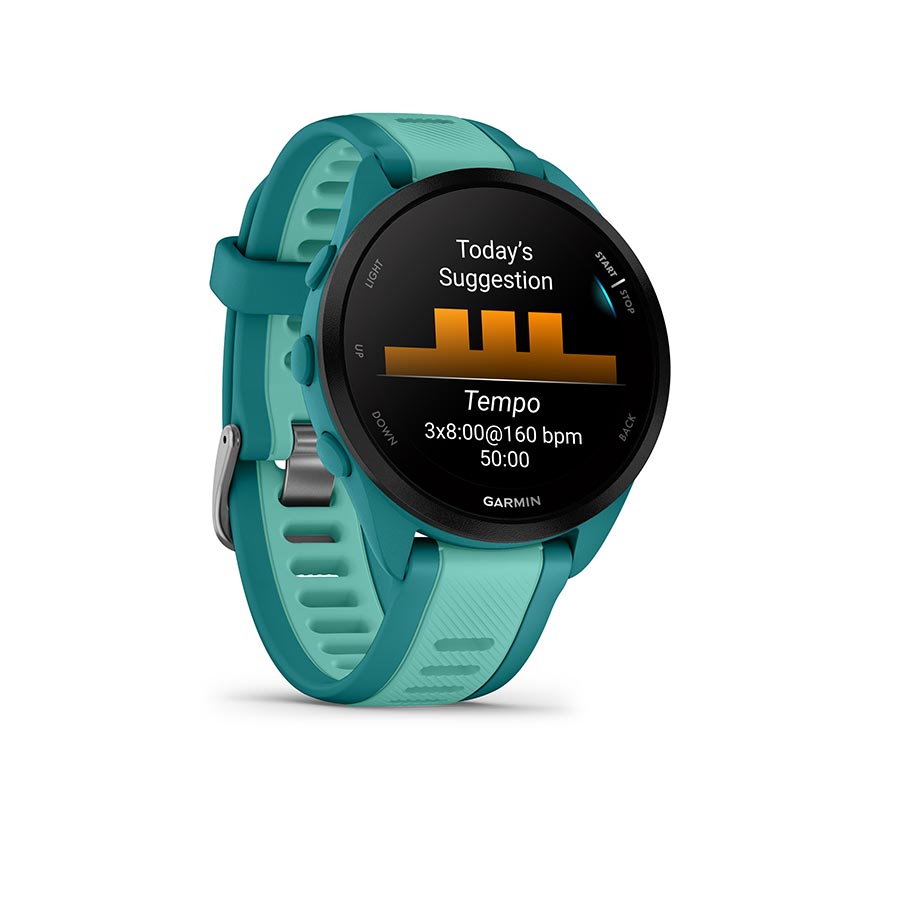 Garmin Forerunner 165 Music smartwatch with a berry wristband and lilac silicone strap, showing a digital display on the watch face.