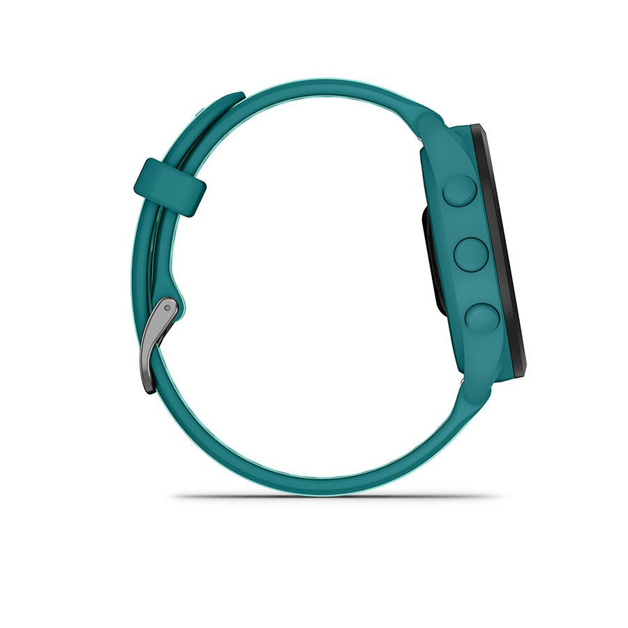 Garmin Forerunner 165 Music smartwatch with berry silicone wristband on the wrist, showing the watch face with music controls.