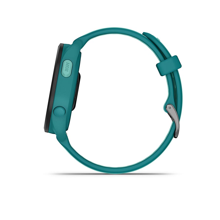 Garmin Forerunner 165 Music smartwatch with berry wristband and lilac silicone strap on display.