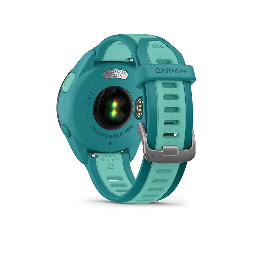 Garmin Forerunner 165 Music smartwatch with a lilac silicone wristband, displaying a digital time screen.