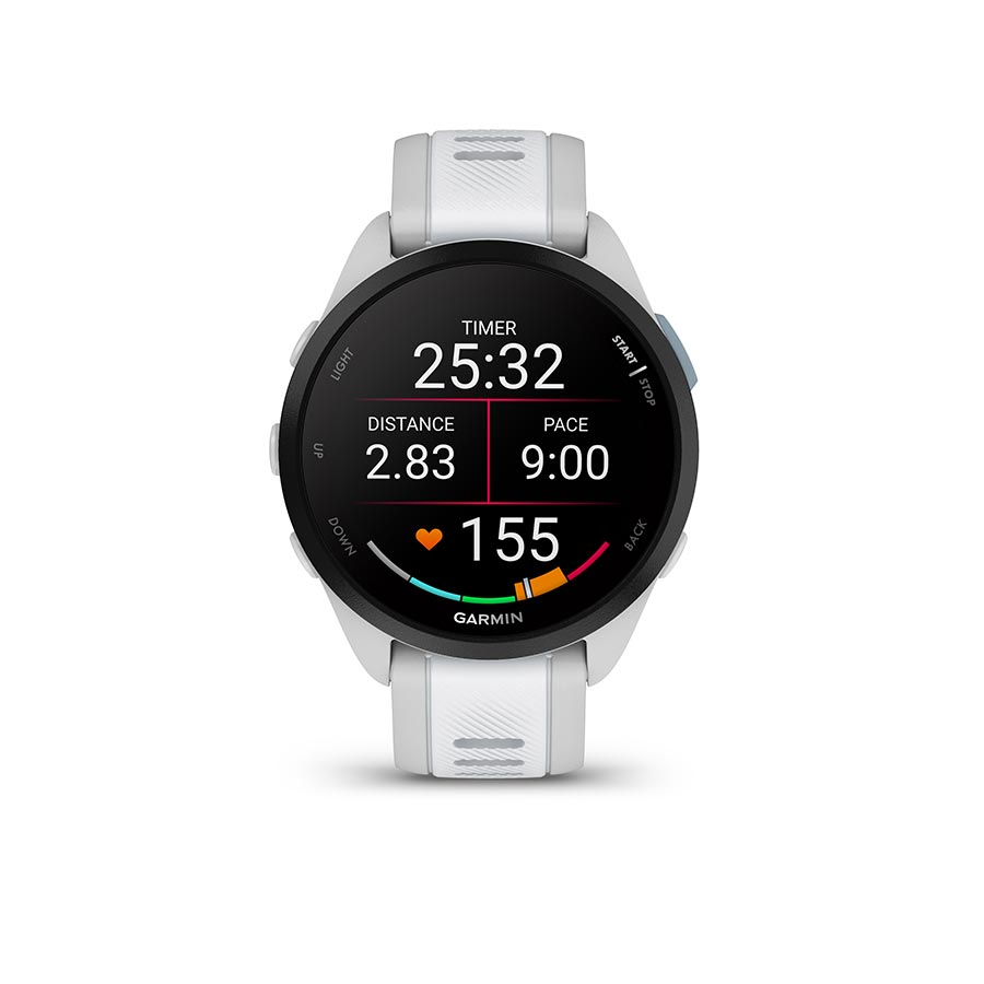 Garmin Forerunner 165 Music watch with lilac silicone wristband, displayed on a person's wrist showing the watch face.