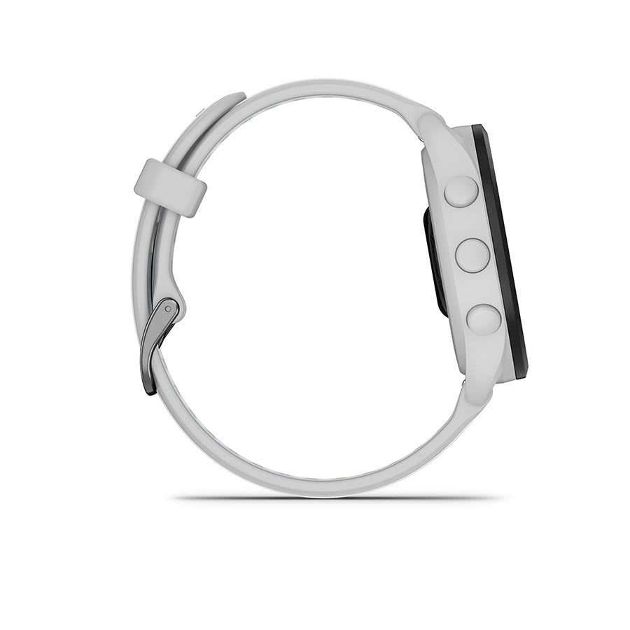 Garmin Forerunner 165 Music smartwatch with a lilac silicone wristband, showcasing its sleek design and digital display.