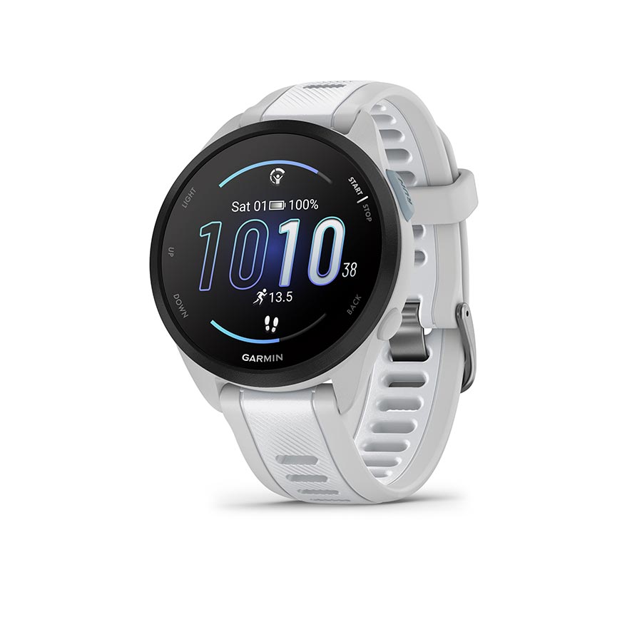 Garmin Forerunner 165 Music smartwatch with berry and lilac silicone wristband, showing a digital display on the watch face.