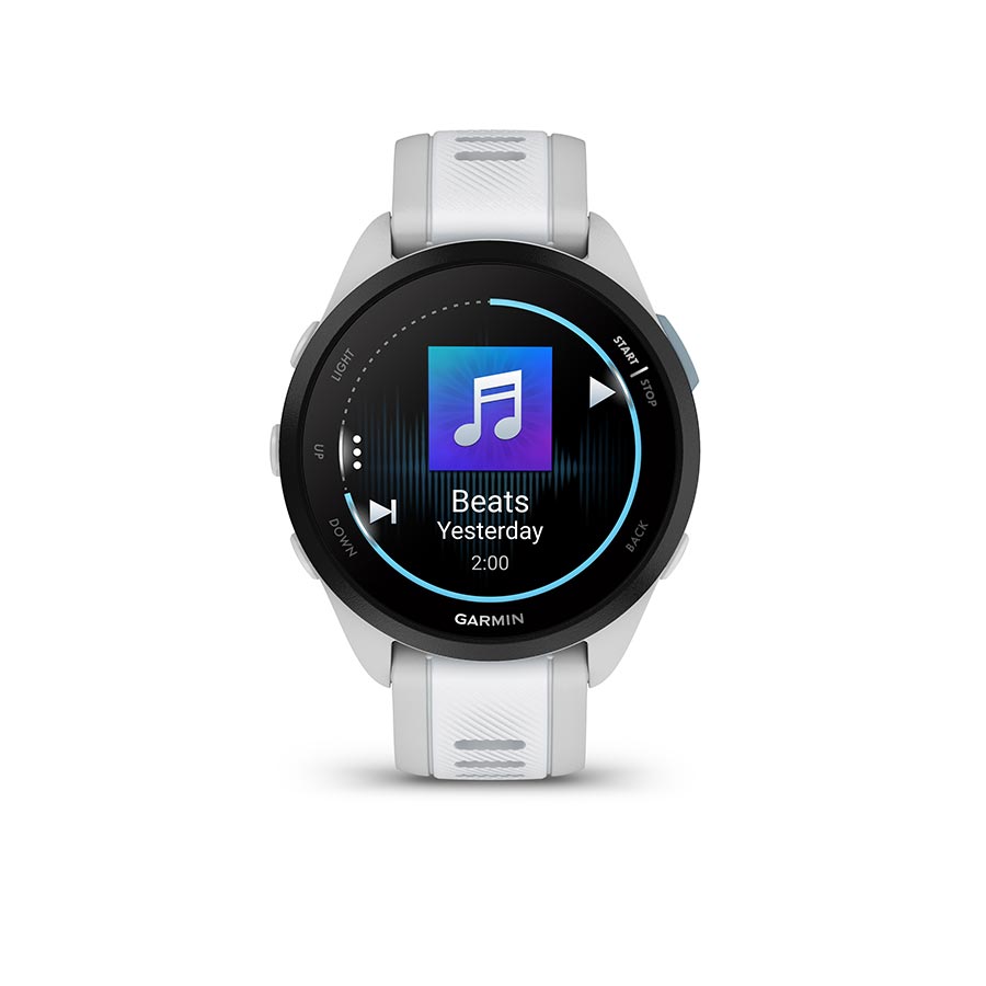 Garmin Forerunner 165 Music smartwatch with berry wristband and lilac silicone strap, displaying fitness tracking on screen.