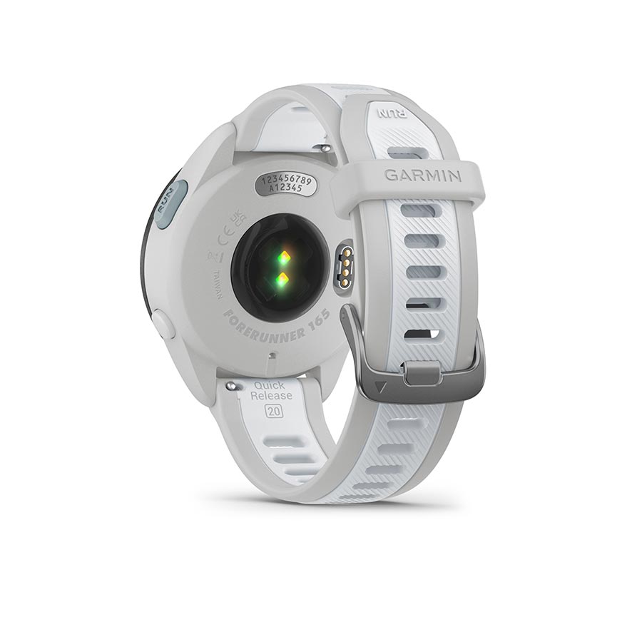 Garmin Forerunner 165 Music smartwatch with a berry wristband and lilac silicone strap on display.