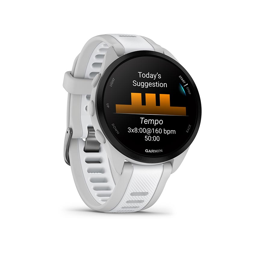 Garmin Forerunner 165 Music watch with lilac silicone wristband, showing digital display on berry-colored band.