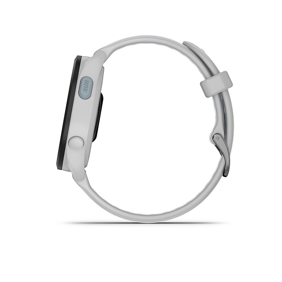 Garmin Forerunner 165 Music smartwatch with berry wristband and lilac silicone strap on a white background.