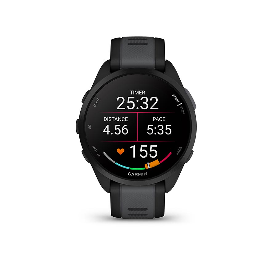 Garmin Forerunner 165 Music watch with berry wristband and lilac silicone strap on a white background.