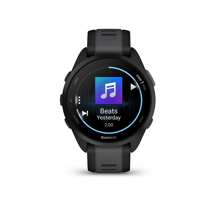 Garmin Forerunner 165 Music smartwatch with berry wristband, lilac silicone strap, and digital display.
